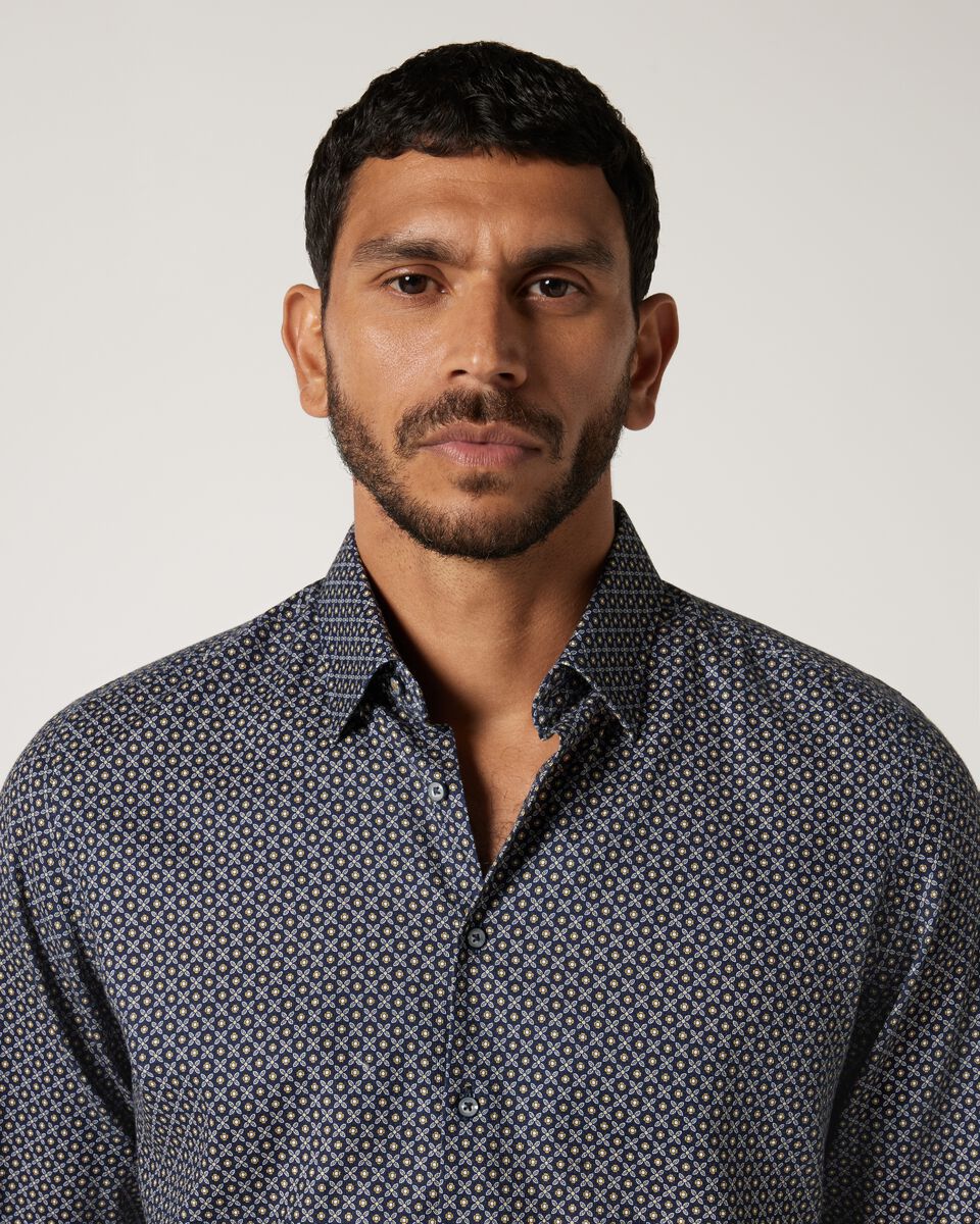 Slim Italian Floral Long Sleeve Shirt, Navy, hi-res